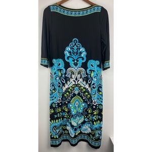 Scarlett Size 12 Black Blue Green Paisley Floral 3/4 Sleeve Shift Dress